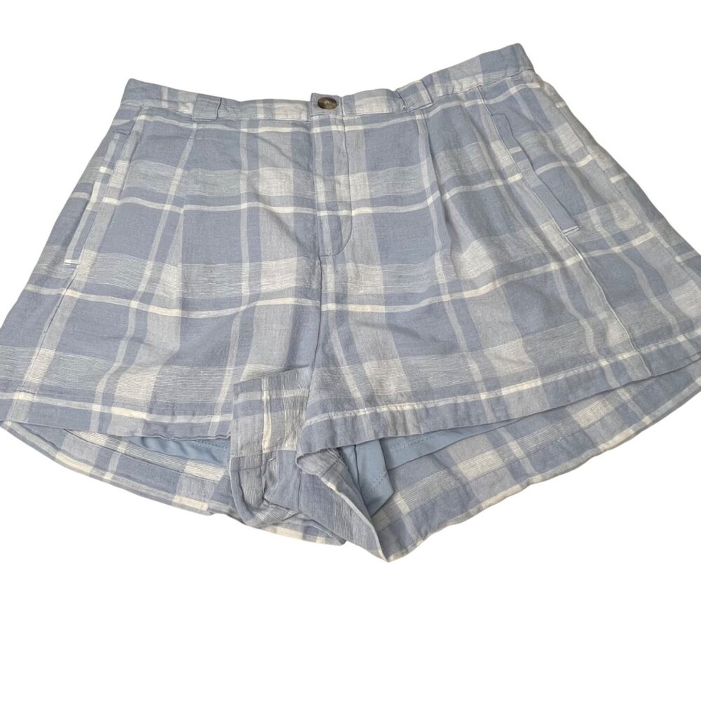 American Eagle Women XL Blue Plaid Linen-Blend High-Waisted Shorts Lined Pockets
